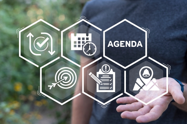 Blick auf Grafik in Bienenwabenform mit fünf Symbolen und einer Wabe, die mit "Agenda" beschriftet ist - im Hintergrund balanciert ein verschwommener Mensch das Gebilde in der offenen Hand